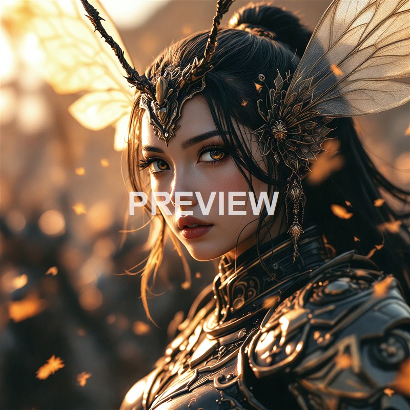 A woman dressed as a fantasy warrior with intricate armor, large insect-like wings, and a headpiece resembling a mythical creature, set against a warm, glowing background with floating particles.